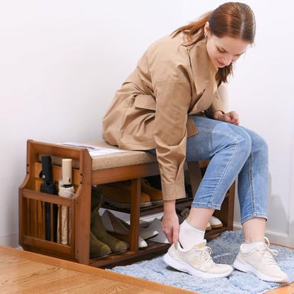 PETKABOO Shoe Bench with Hidden Drawer and Side Holder, 2 Tier Entryway Bench with Storage 39.4 in, Bamboo Shoe Rack with Cushion for Entryway Hallway Living Room Bedroom - size: 39.4"