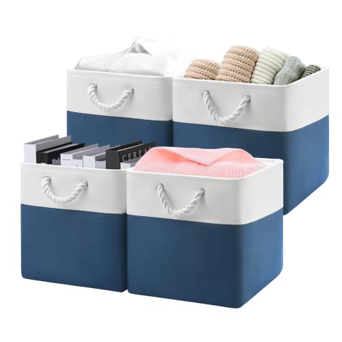 Patvingot 13-Inch Fabric Cube Storage Bins with Handles,4 Pack,Foldable | For cube shelves and closets,keeps grouped for everyday access,reinforced opening and fold-flat storage,white and blue - color: White/Blue, size: 13"×13"×13"-4Pack