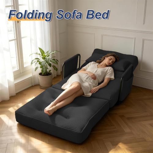 Futon Sofa Bed,Convertible Sofa Bed,Folding Boneless Couches | 3-in-1 Folding Sofa Bed,Boneless Couches for Living Room with Pillow & Side Pocket,High-density Foam,Single Sleeper,Black - color: Balck, size: Single