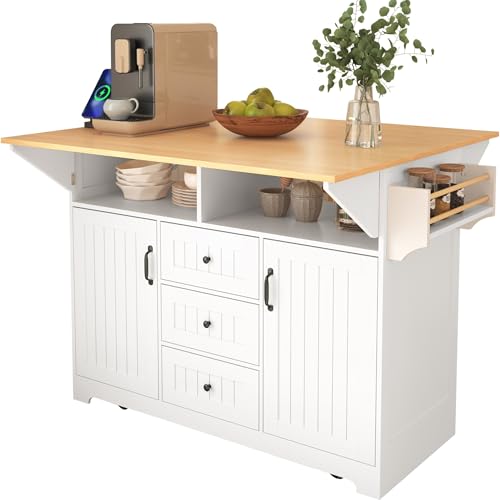 55.7'' Large Kitchen Island with 2 Drop Leaf, Rolling Kitchen Cart on 5 Wheels with Power Outlet, Folding Dining Table with Spice & Towel Rack, 3 Drawers, for Kitchen, Dining Room,White - color: White 2 Drop Leaves, size: 55.7"