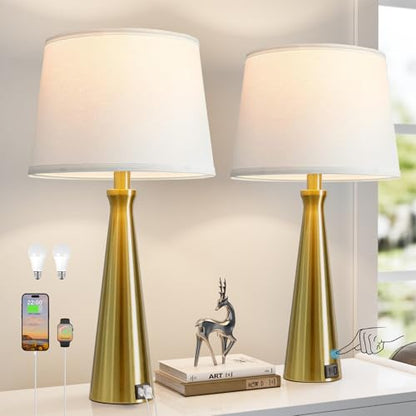 Modern Touch Lamps for Nightstand, 3 Way Dimmable Bedroom Lamp Set of 2 | USB C+A Charging Ports, Gold Bedside Lamps for Bedroom, Living Room, End Table, Bed Side, LED Bulb Included - color: G. Gold Base-White Shade