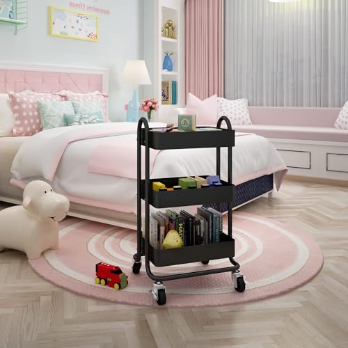 Metal Rolling Cart,3-Tier Metal Rolling Cart with Wheels,3 Tier Utility Cart with Wheels for Office,Home,Kitchen,Garden（13.4"x18.1"x31"） Black - color: Black, size: 31"H