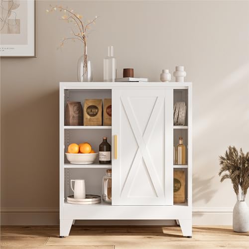 COFaR White 37" H Sliding Door Storage Cabinet, Half Open Half Closed Design, 3-Tier Kitchen Organizer with Adjustable Shelves, 150 lbs Top, Metal Coffee Bar & Buffet Sideboard for Dining Room - color: White, size: 37"H Sliding Door