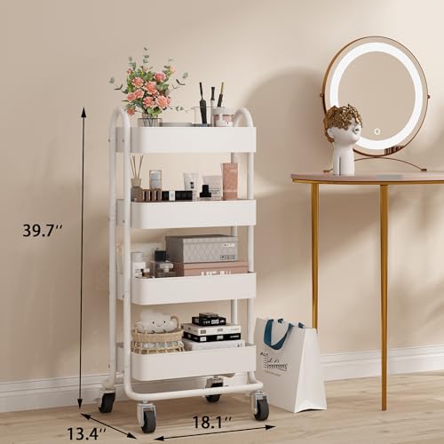 4 Tier Metal Rolling Cart with Wheels,4 Tier Utility Cart with Wheels for Office,Home,Kitchen,Garden（13.4"x18.1"x40"） White - color: White, size: 40"H