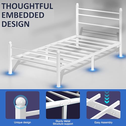 J.Fkne Twin Bed Frame with LED Lights & Charging Station, Metal Platform Bed with Headboard, Heavy Duty Metal Slats, No Box Spring Needed, Noise Free, Easy Assembly, White - size: Twin, style: Classic White