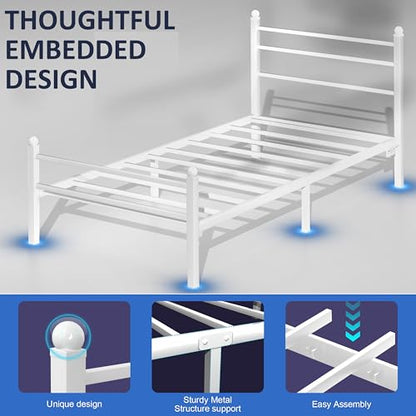 J.Fkne Twin Bed Frame with LED Lights & Charging Station, Metal Platform Bed with Headboard, Heavy Duty Metal Slats, No Box Spring Needed, Noise Free, Easy Assembly, White - size: Twin, style: Classic White