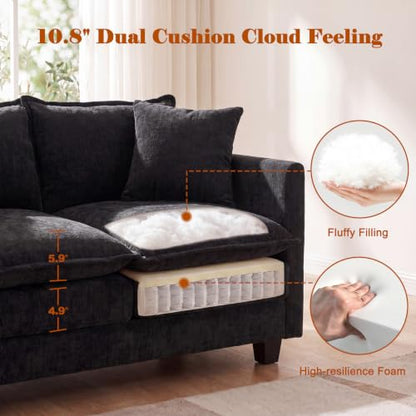 50'' L-Shape Loveseat Sofa with 22" Ottoman, 2 Seat Modern Cloud Couch with 2 Washable Pillows for Small Space Apartment Office Living Room Bedroom, Black - color: Black, size: 50"L