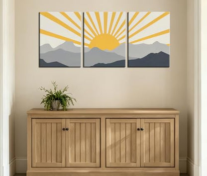 Frimeeme Modern Boho Sun Canvas Wall Art, Set of 3, Yellow and Gray Mountain Sunrise, 12x16 Inch Each, Framed - color: Framed - Sun Canvas Wall Art, size: 12"L x 16"W x 3Pieces