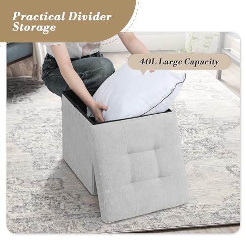 Athena Collection 15" Storage Ottoman Bench Folding Bench with 40L Hidden Storage, Small Cube Ottoman Linen Foot Rest Stool Chest with Flipping Lid for Living Room, Bedroom, Entryway, Light Gray