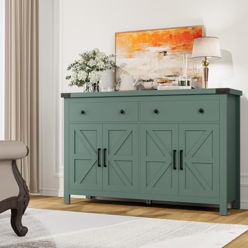 VVFLU Buffet Cabinet with Storage Farmhouse with 4 Doors and 2 Drawers, 55'' Large Kitchen Storage Cabinet Green Wood Coffee Bar Buffet Sideboard for Kitchen, Dining Room, Living Room - color: Green/Wood, size: 15.7"D x 55.1"W x 35.4"H
