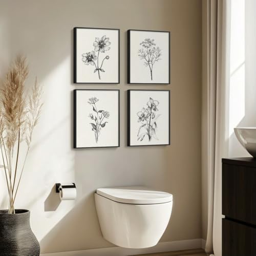 Framed Black and White Minimalist Floral Bathroom Wall Art, 4 Piece 8x10 In | Modern farmhouse wall decor, Flower botanical pictures, Waterproof canvas prints, Living room kitchen hallway bedroom decor - color: Sketch - Black Framed, size: 8" W x 10" H x