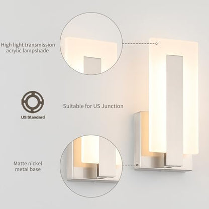 Joosenhouse LED Wall Sconce Set of 2, Hardwired Dimmable Wall Mounted Lights, Indoor Wall Lights for Hallway, Bedroom, Study, Living Room, 9.76 Inch Brushed Nickel Wall Sconce Lighting - color: Nickel-Dimmable