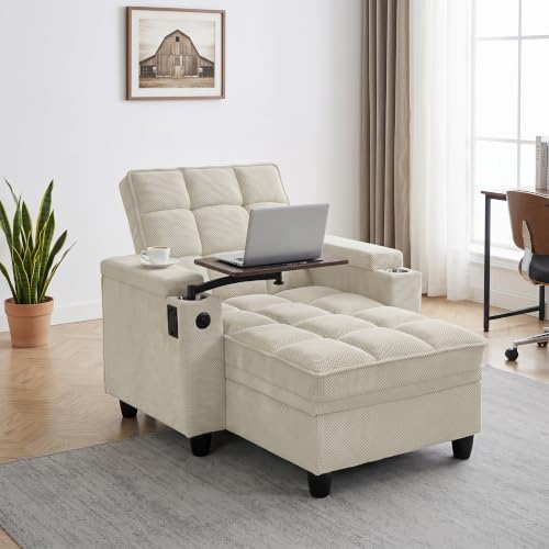 Convertible Sleeper Chair, Pull Out Sofa Bed with Adjustable Backrest & Hidden Storage Armrest, Single Sofa Recliner with USB Charging Port & Cup Holders for Living Room, Bedroom, Beige - color: C-beige-p8