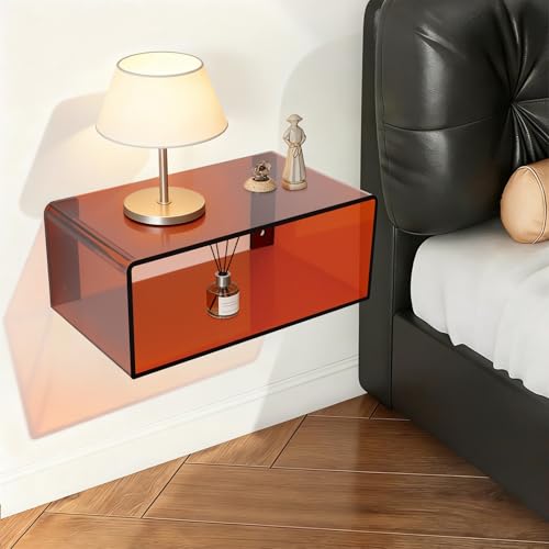 Acrylic Floating Nightstand Wall Mounted, Brown Bedside Table Modern Shelf for Bedroom Living Room Bathroom, Safe Rounded Corners