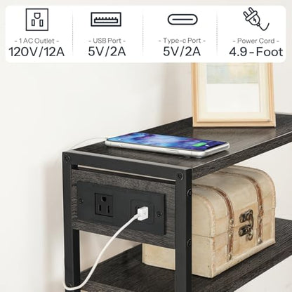 HOOBRO Small Narrow Side Table with Charging Station, Skinny End Table for Small Spaces, Slim Nightstand with USB Ports Outlet, Sofa Beside Table with Storage Shelf, Charcoal Black BC102UBZ01 - color: Charcoal Black + Black