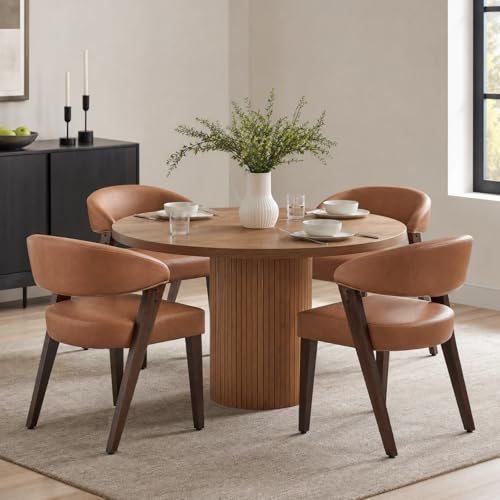 Brown Faux Leather Dining Chairs with Arms Set of 2, Mid Century Modern Kitchen & Dining Room Chairs, Barrel Backs/Walnut Solid Wood Legs, Upholstered Comfortable Accent Chairs for Living Room - color: Brown