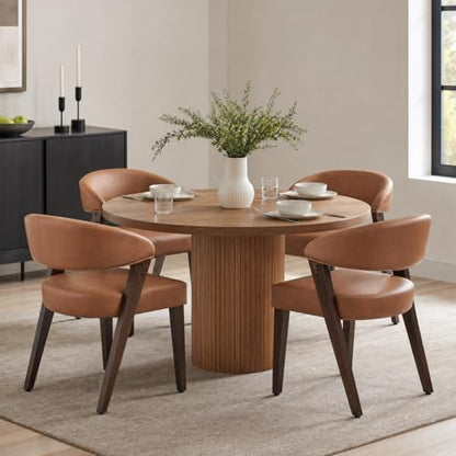 Brown Faux Leather Dining Chairs with Arms Set of 2, Mid Century Modern Kitchen & Dining Room Chairs, Barrel Backs/Walnut Solid Wood Legs, Upholstered Comfortable Accent Chairs for Living Room - color: Brown