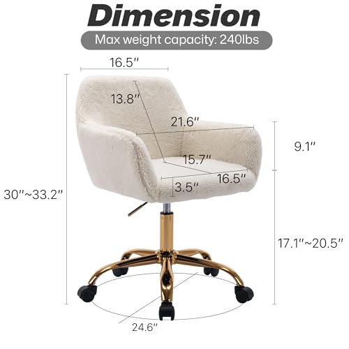 Faux Fur Office Desk Chair, Comfy Swivel Armchair with Wheels, Upholstered Fuzzy Vanity Chair, Adjustable Height, White | Fluffy Swivel Modern Armchair Upholstered Fuzzy Height Adjustable for Teens Women Girls Elegant for Living Room Bedroom - color: Whit