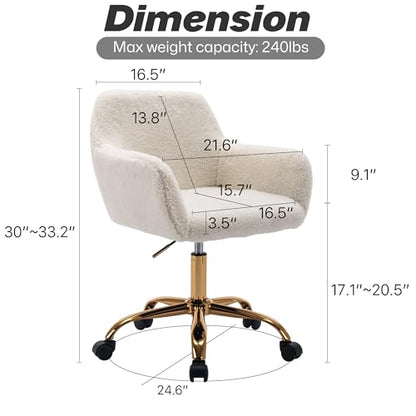 Faux Fur Office Desk Chair, Comfy Swivel Armchair with Wheels, Upholstered Fuzzy Vanity Chair, Adjustable Height, White | Fluffy Swivel Modern Armchair Upholstered Fuzzy Height Adjustable for Teens Women Girls Elegant for Living Room Bedroom - color: Whit