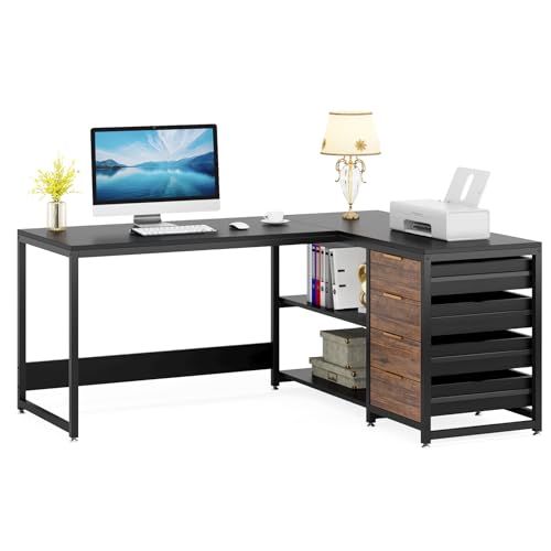 LITTLE TREE 59-Inch L Shaped Desk with Drawers, Large Computer Desk with Storage Shelves, Reversible L-Shaped Corner Desk Workstation for Home Office - color: Black