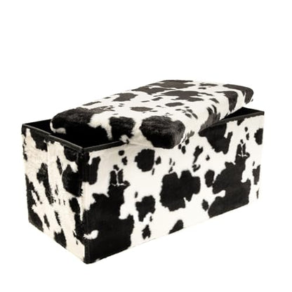 Luxe Faux Fur Storage Ottoman, Cowhide Black/White, 30 x 15 x 15 in | Engineered Wood, Tool-Free Assembly, Modern Style, Seat And Footrest - color: Cowhide Black/White, size: 30"D x 15"W x 15"H