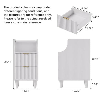 Narrow Nightstand Set of 2,11.8" Fluted Bedside Table Set of 2, Slim Side End Table with 2 Drawers, Wooden Bedside Table, White Wood Night Stand for Bedroom Livingroom Sofa Office - color: White,11.8" With 2 Drawers