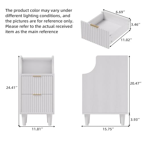 11.8" Narrow Fluted Nightstand Set of 2,Slim Side End Table with 2 Drawers,Mid-Century Modern Bedside Table,Skinny Night Stand for Bedroom, Small Space (White, 11.8" with 2 Drawers) - color: White