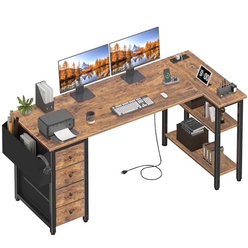 Lufeiya L Shaped Computer Desk with Drawers & Storage Shelves, 63 Inch Corner Desk with Power Outlet for Home Office Bedroom, L-Shaped Teen PC Gaming Desks with Fabric Drawer, Rustic Brown - color: Brown, size: 63"