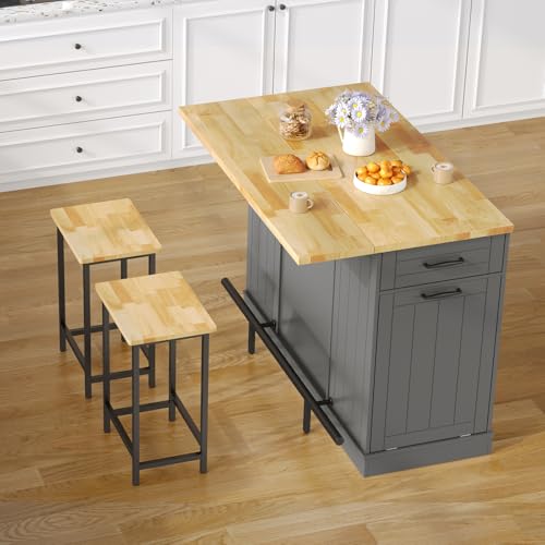 47" Kitchen Island with Seating, Stationary Island Table with Storage Include 2 Chairs, Kitchen Islands with Drop Leaf, Dining Table with Trash Cabinet & Power Outlet & Spice Rack, Grey - color: Grey