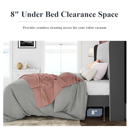 Allewie Full Size Velvet Bed Frame/Vertical Channel Tufted Wingback Headboard/Upholstered Platform Bed/Strong Wooden Slats/No Box Spring Needed/Easy Assembly/Grey - color: Grey, size: Full
