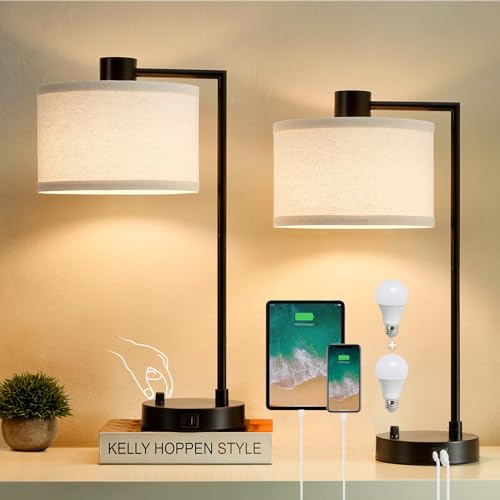 Luvkczc Table Lamp for Bedroom Set of 2 with USB C+A Ports, Fully Stepless Dimmable Bedside Lamp with Linen Lampshade, Contemporary Lamp for Living Room Reading Office, 2 LED Bulbs Included (Black) | Nightstand Lamp with Linen Lampshade, 2 LED Bulbs Inclu