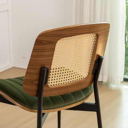 Rattan Dining Room Chairs Set of 4, Mid Century Modern Kitchen Chairs,Green Velvet Walnut Wood Finish Side Chair, Metal Legs Chair with Rattan Backrest,Green Fabric - color: Green 2, size: Set of 4