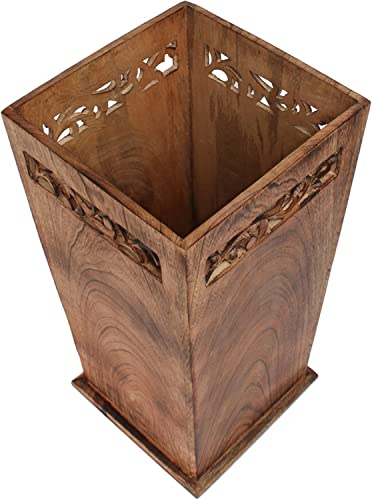 Antique Wooden Umbrella Stand & Walking Cane Holder for Home, Office & Entryway | Hand-Carved Solid Wood Umbrella & Cane Storage Rack | Size 21.5 x 8 x 8 in, Base 7.5 x 7.5 inches (Solid)