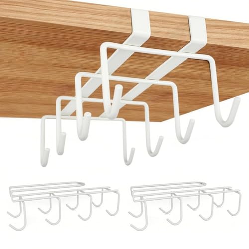 Mug Holder Under Cabinet,2pcs Coffee Mug Organizer for Kitchen,Fit for 0.8 Inch Thickness Shelf or Less,Nail Free Adhesive Coffee Cups Holder Hanger for Cups/Kitchen Utensils/Keys Storage (White) - color: White