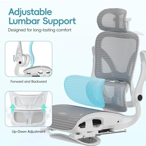 Ergonomic Office Chair, Home Office Desk Chairs with Adjustable Lumbar | Allion Ergonomic Mesh Computer Gaming Chairs with 3D Headrest, Flip-up Arms, Big Tall Reclining chair for Men Women, Grey - color: Grey