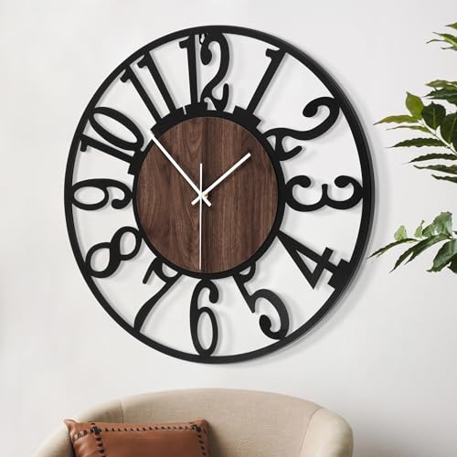 LEIKE Large Wall Clocks for Living Room,Silent,Non Ticking,Battery Operated Oversized Vintage Round Modern Wood Wall Clock for Bedroom,Farmhouse,Office Home Decor-24 Inch(Black-Arabic Number) - color: Black Wood-arabic Number, size: 24 IN