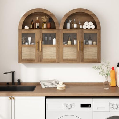 RUSTOWN Arched Bathroom Wall Cabinet with 2 Glass & Rattan Doors | Rattan Medicine Cabinet, Farmhouse Over the Toilet Storage Cabinet, Adjustable Shelves, 3-Tier Wall Mounted Cabinets - color: Rustic Oak