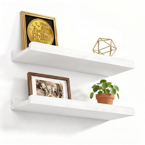 Love-KANKEI 17" White Floating Wall Shelves with Lip,Solid Wood,Set of 2 | Protective Ledge,Easy to Install,For Bedroom Living Room Bathroom Kitchen Office,Nursery Display,18 Lbs/shelf,Wall Decor - color: White, size: 17 inch