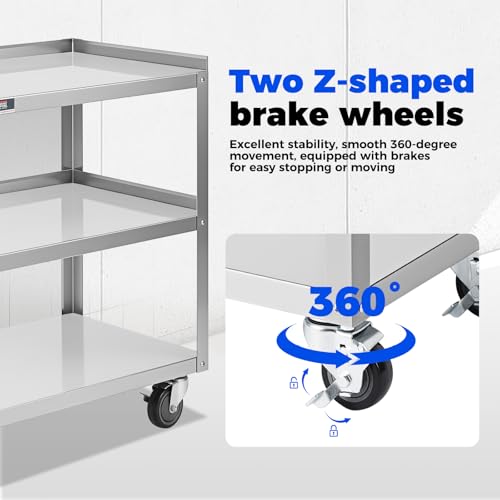 Hally Stainless Steel Utility Cart 3 Tier NSF Rolling Carts 31" Lx19 Wx34 H | Commercial Heavy Duty Metal Mobile Food Cart, with Handle and Wheels, for Kitchen, Restaurant, Hospital, Laboratory and Home - size: 19''x31''x34''