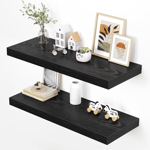 Dreamland 36" Floating Shelves for Wall, 12" Deep Thicker Black Floating Shelves, Wall-Mounted Shelves for Bedroom, Living Room, Kitchen, Bathroom - Set of 2 - color: Black, size: 36"W x 12"D x 2"H, Set of 2
