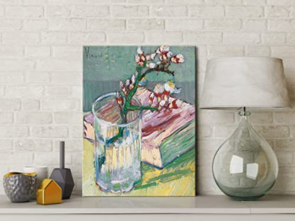 Wieco Art Canvas Prints of Blossoming Almond Branch in a Glass with a Book by Vincent Van Gogh Canvas Wall Art for Home Decor and Wall Decor Post-impressionism Pictures Artwork - size: 16"L x 12"W