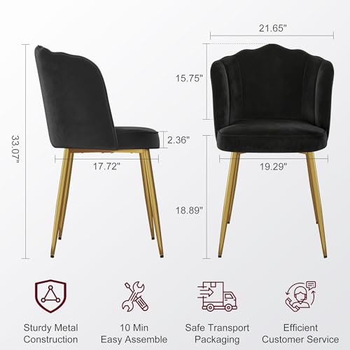 VECELO Velvet Dining Chairs Set of 2, Modern Upholstered Kitchen Chairs with Thick Cushions, Curved Padded Backrest and Metal Legs, for Kitchen, Dining Room, Living Room, Black - color: Black, size: Set of 2