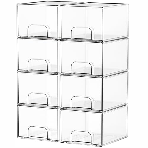8 Pack Small Stackable Storage Bins,Clear Acrylic Drawer Boxes,Medicine Cabinet Organizer,Plastic Containers for Organizing Vanity,Undersink,Pantry,Bathroom Makeup Organizer,Home Organization - color: Clear-4.4 In Tall, size: 8 Pcs