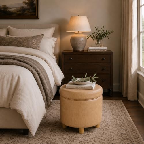 HomePop 19" Round Storage Ottoman - Sand Faux Leather - color: Sand Faux Leather