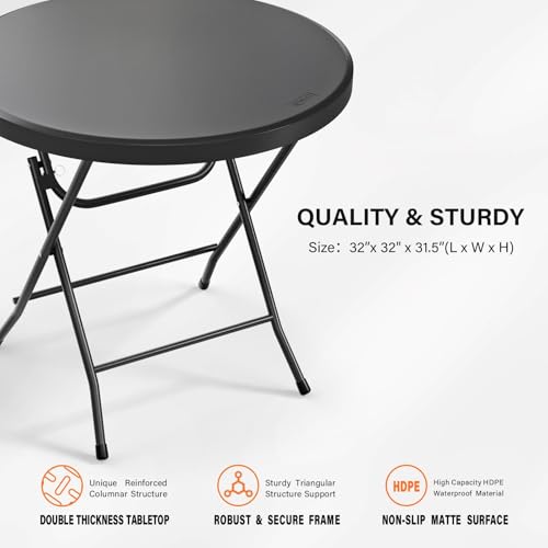 Bonnlo Round Folding Table 32 inch, HDPE Plastic Small Tabletop with Steel Frame Foldable Card Table for Indoor Outdoor Outside Dining, Party and Commercial Event, Black - color: Black