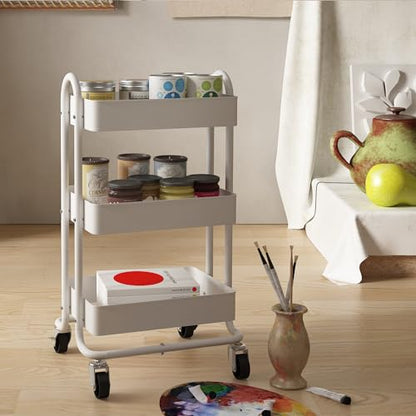 Metal Rolling Cart,3-Tier Metal Rolling Cart with Wheels,3 Tier Utility Cart with Wheels for Office,Home,Kitchen,Garden（13.4"x18.1"x31"） White - color: White, size: 31"H
