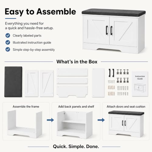 DUMOS 28" Shoe Storage Bench, Entryway Shoe Organizer Cabinet with Padded Seat Cushion, Adjustable Shelf and 2 Doors, Compact Storage Bench for Small Spaces, Hallway, Bedroom, Living Room, White - size: 28 inches