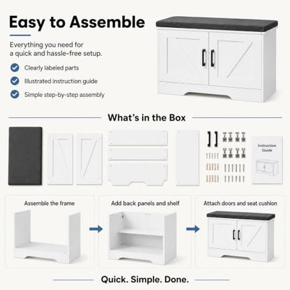 DUMOS 28" Shoe Storage Bench, Entryway Shoe Organizer Cabinet with Padded Seat Cushion, Adjustable Shelf and 2 Doors, Compact Storage Bench for Small Spaces, Hallway, Bedroom, Living Room, White - size: 28 inches