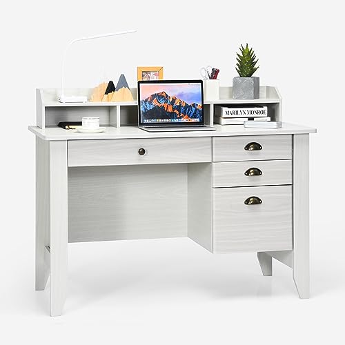 48" Computer Desk with 4 Storage Drawers and Hutch Wood Executive Table for PC Laptop