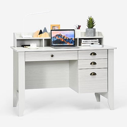 48" Computer Desk with 4 Storage Drawers and Hutch Wood Executive Table for PC Laptop